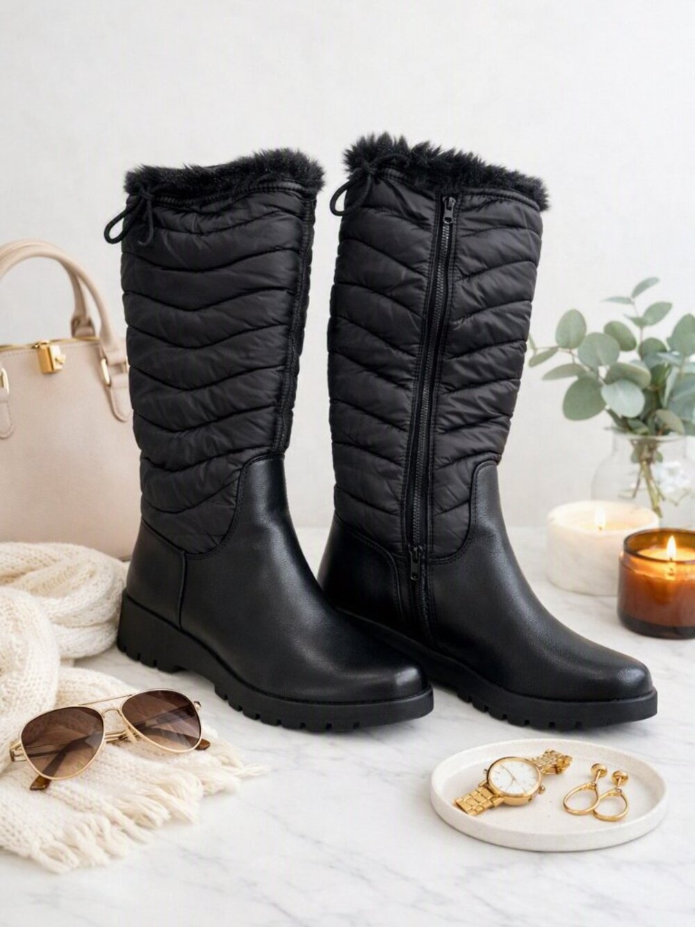 G.H. Bass & Co. Women's Black Quilted Winter Boots with Faux Fur Trim. Size 9